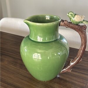 Handmade Green Ceramic Pitcher with Bird Handle